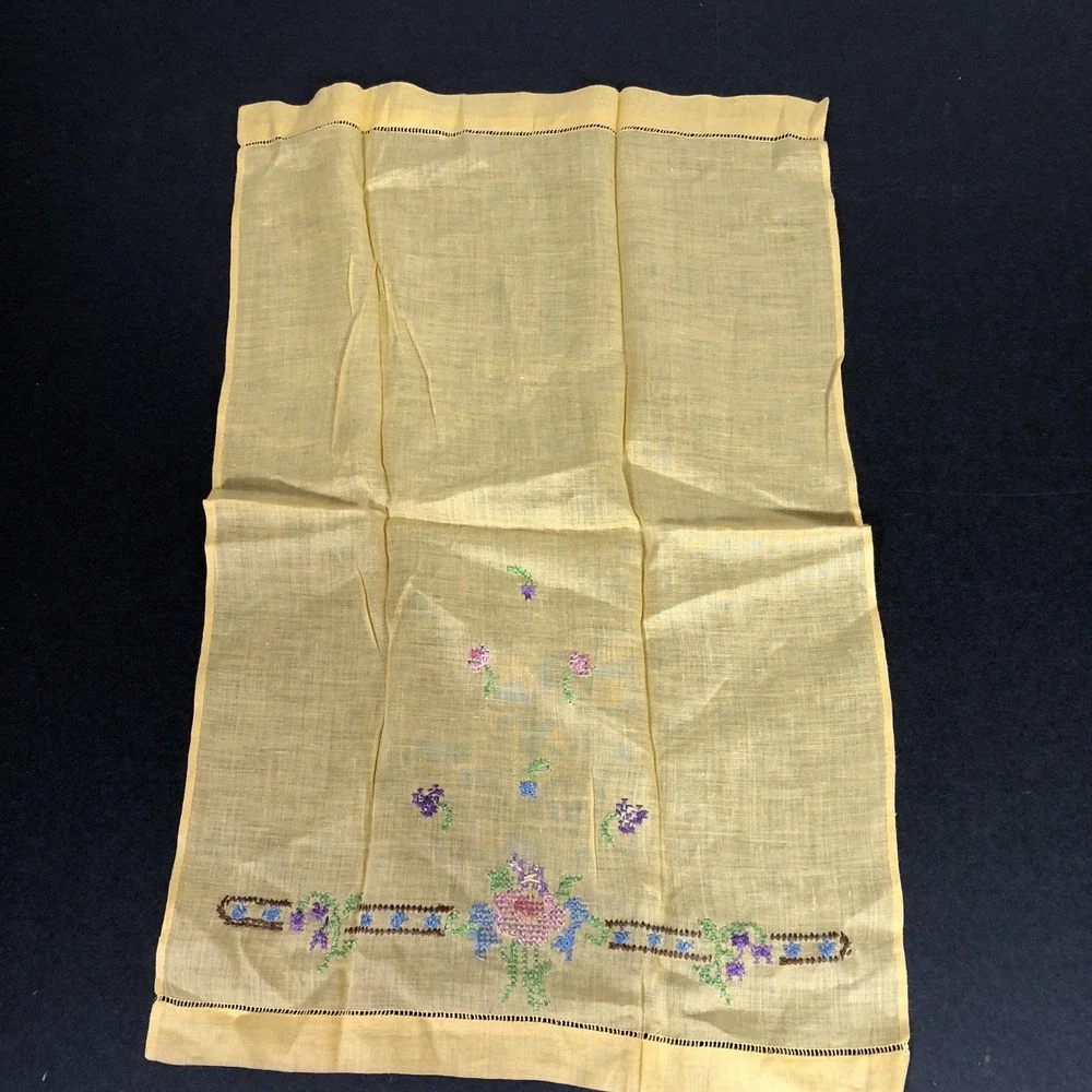 Vintage Tea Towel Yellow Cross Stitch Flowers Retro Shabby Chic Small Embroidery